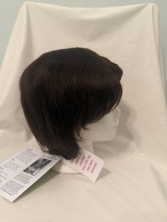 Short 100% Human Hair Pixie Cut Dark Brown Wig Adjustable Strap NIB Wig Shop